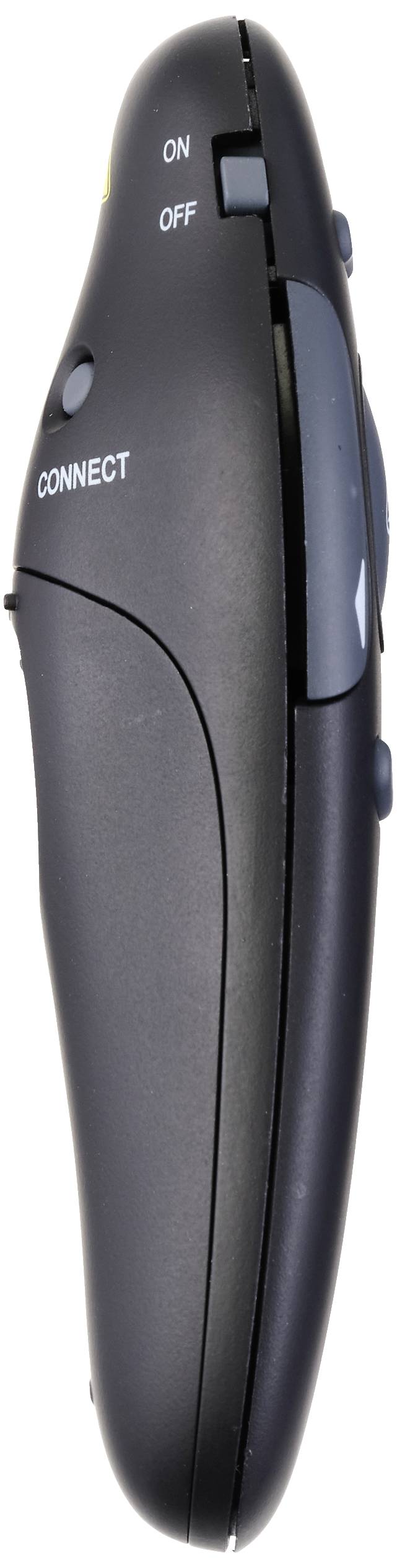Wireless presenter viewed from the side with buttons for 'On', 'Off', and 'Connect'.