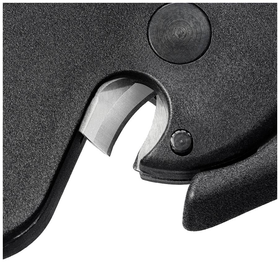 Close-up of a sharp cutting tool blade. The smooth, gleaming blade stands out against the matte, black surface.
