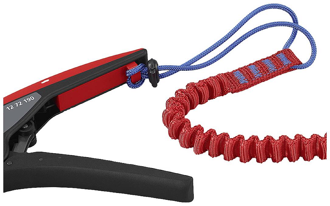 Image of a red safety lanyard with a blue loop and black hook for attachment, used for securing devices.