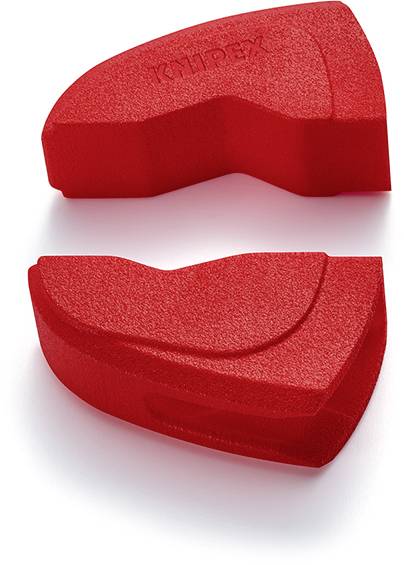 Two red, wedge-shaped protective caps for pliers with the 'Knipex' imprint, used to protect delicate surfaces during work.