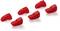 Six red plastic clips with a ribbed surface, evenly distributed on a white background, used as organisational tools.