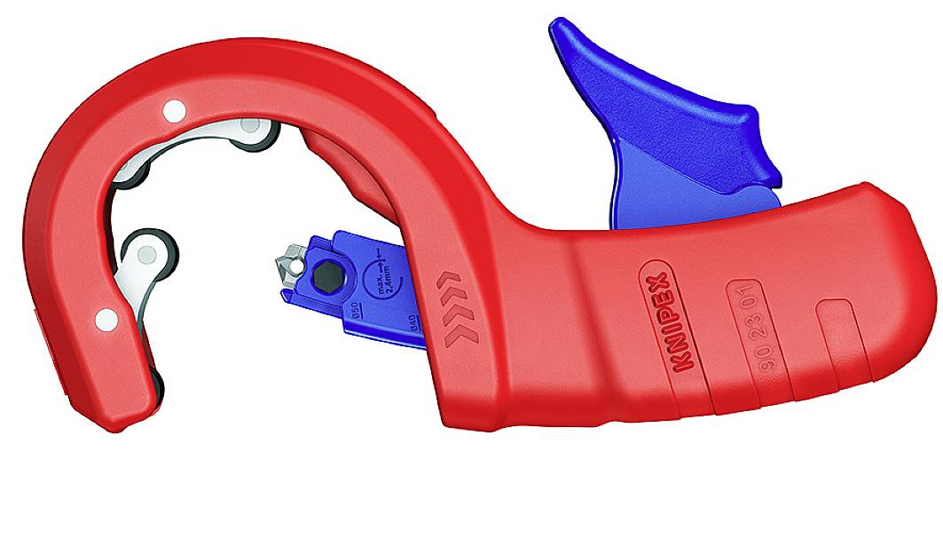 Red cable stripping tool with blue blade, used for stripping cable insulation. Marked with 'Knipex'.