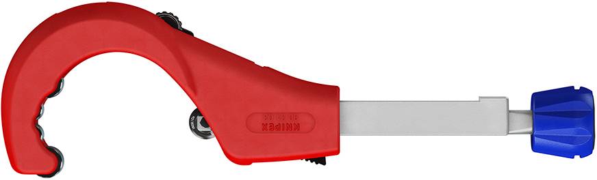 A red pipe cutter with a blue adjustment screw for cutting pipes.