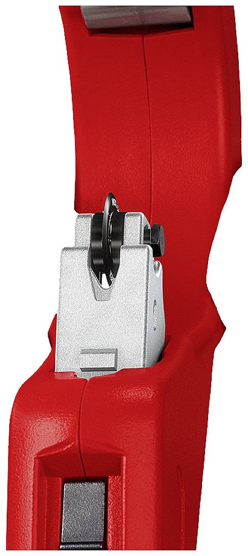Close-up of a red seat belt cutter with an integrated belt holder, designed for emergency use in a vehicle.