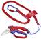 Red safety tool with carabiner and coiled cable, suitable for securing during work at height.