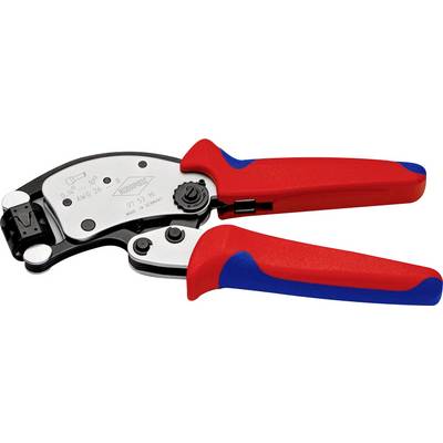 Hand crimping pliers with red and blue handles, suitable for various cable sizes.