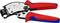 Hand crimping pliers with red and blue handles, suitable for various cable sizes.