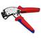 A red and blue crimping pliers with a metal head for connecting cables and wires.
