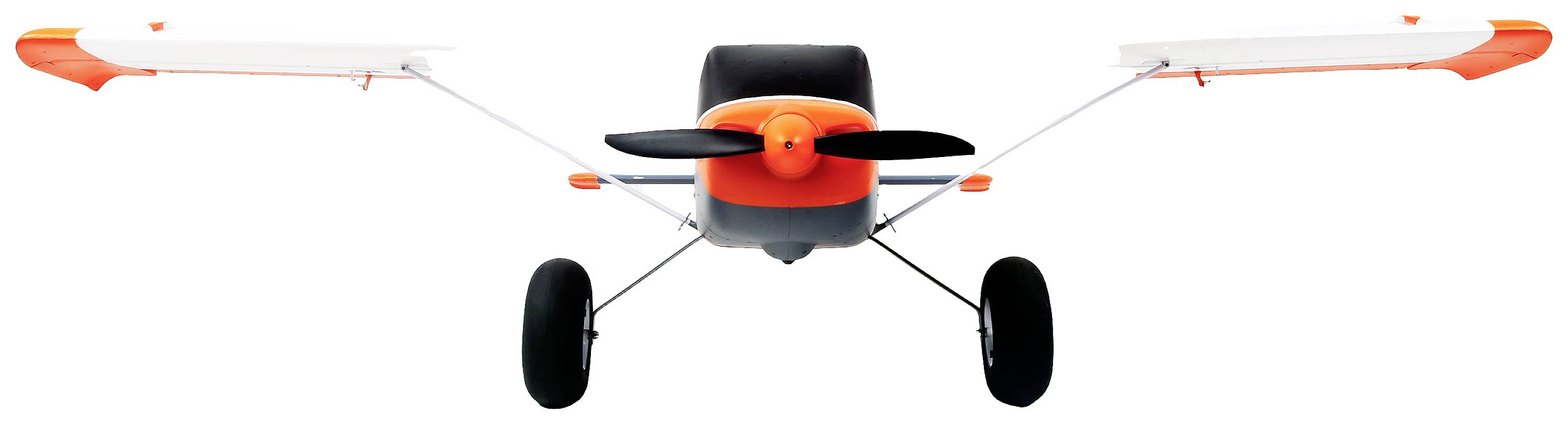 A model aeroplane with a propeller and orange-white wings, photographed from the front.