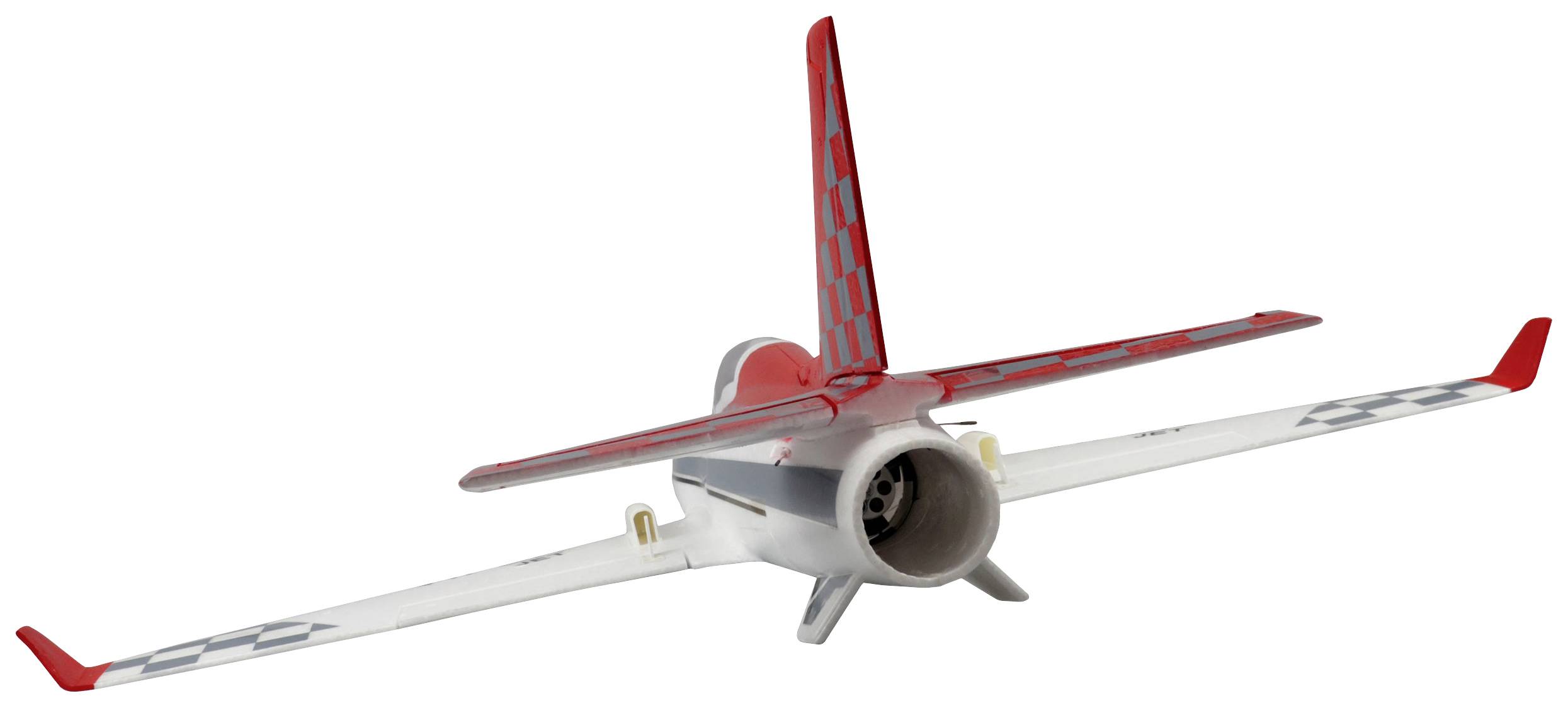 A model aeroplane with a red and white pattern and chequered details on the wings, viewed from behind.