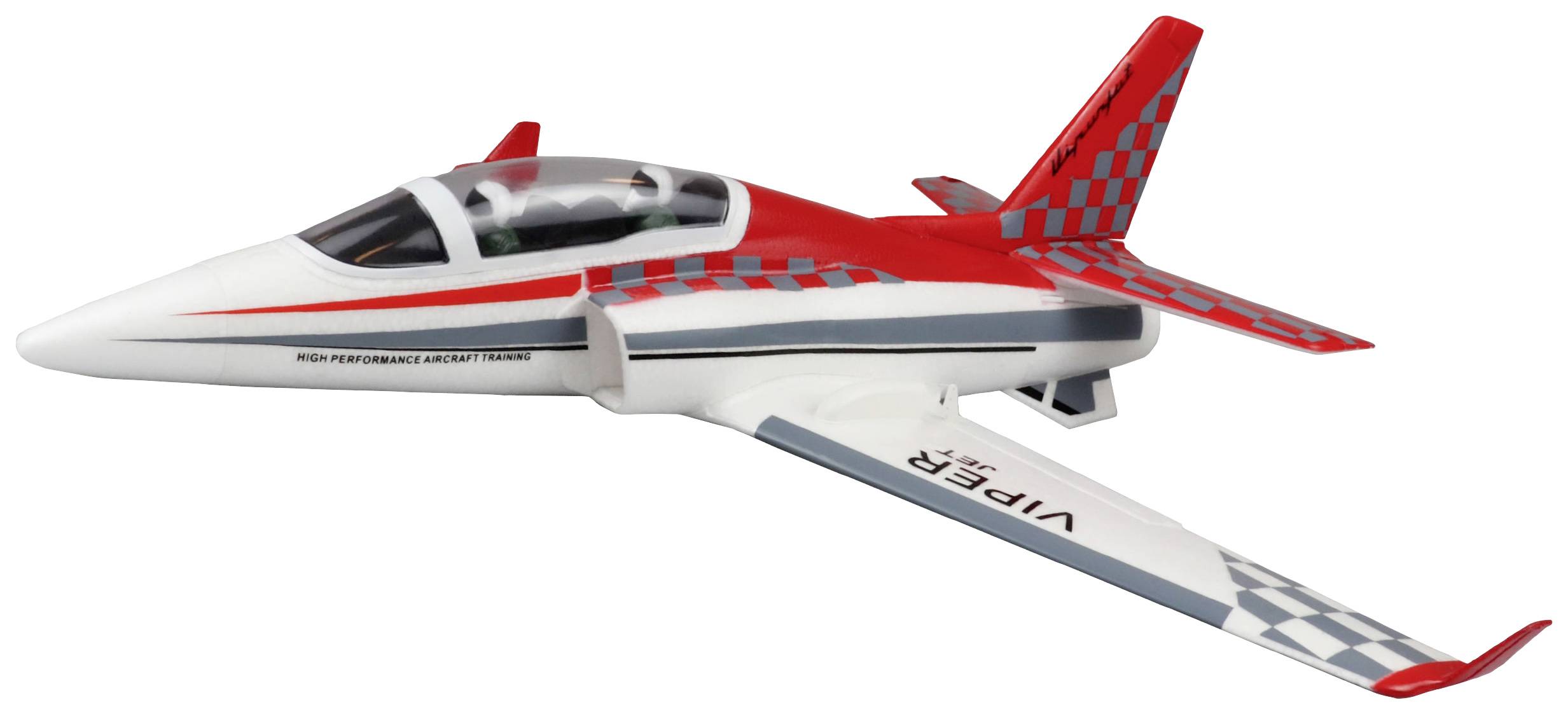 A model aircraft in white and red with checked details. It has a sleek fuselage and wings with the inscription 'VIPER'.