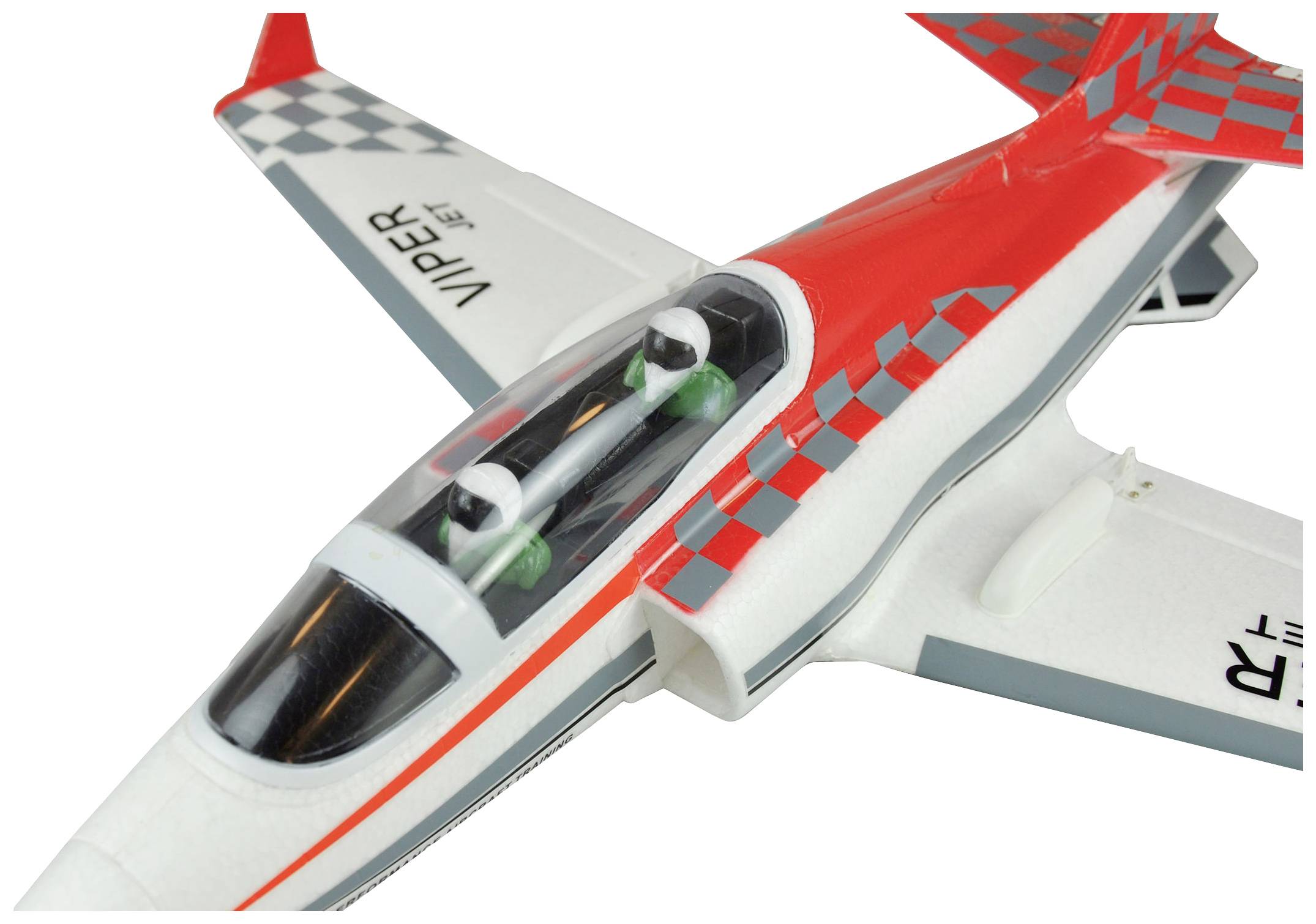 A red model aircraft with a chequered pattern on the wings, named 'Viper Jet'.