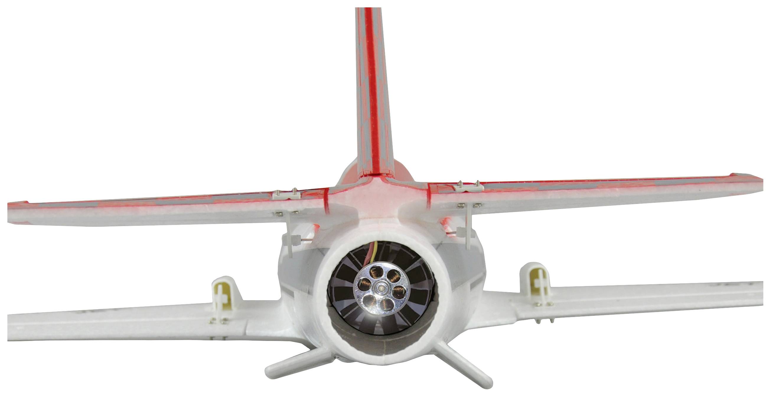 A small model aeroplane with a propeller and red stripes on white wings, viewed from the rear, on a white background.