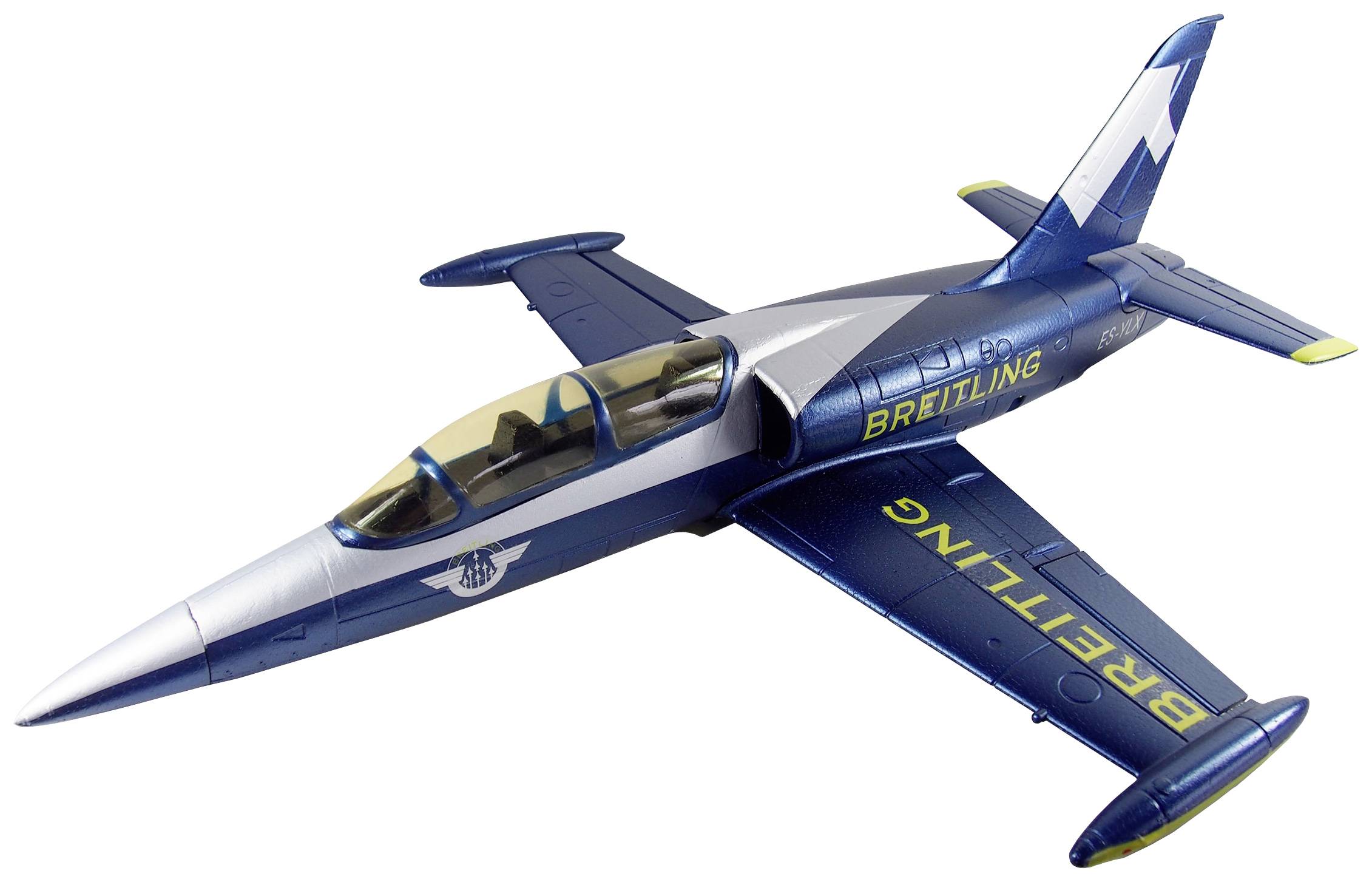Small model aircraft with blue and silver paintwork and the 'Breitling' inscription on the side, against a white background.