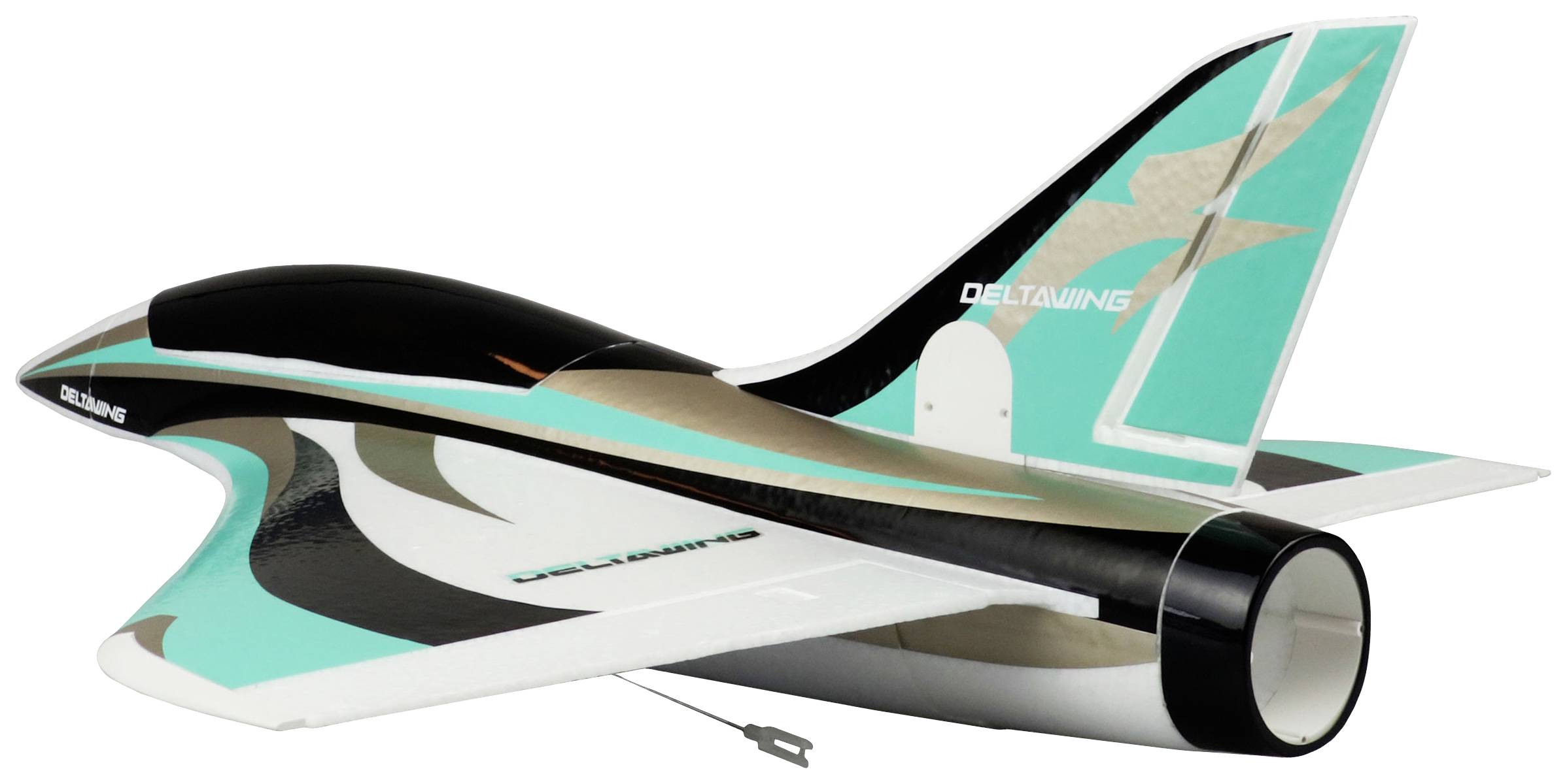 Model aircraft with black and teal wings and white details. Says "Delta Wing" on the side; futuristic design.
