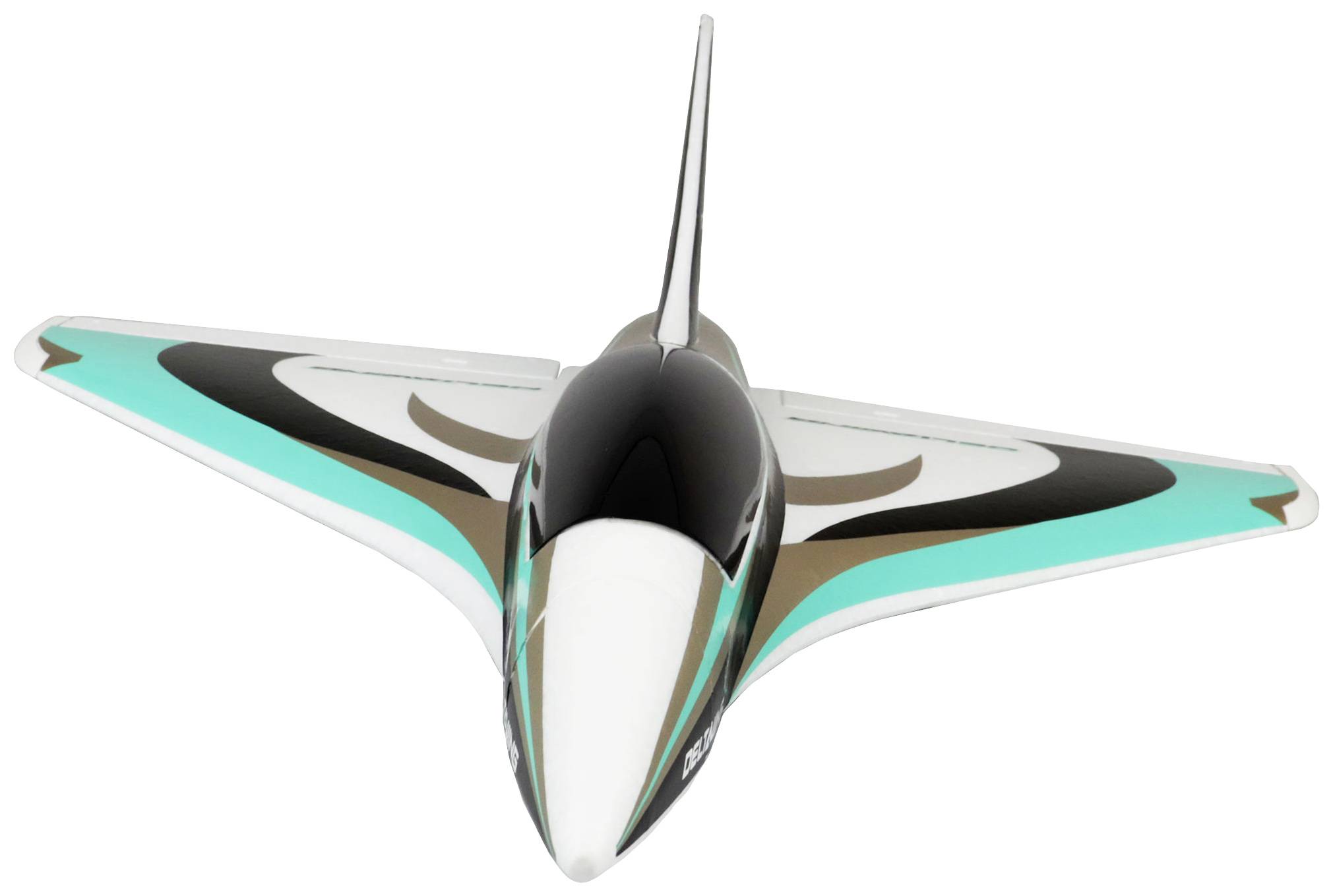 A modern aircraft model with futuristic design in black, white, and turquoise, photographed from a bird's-eye view.