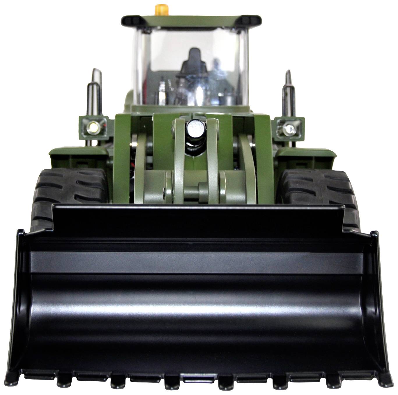 A green front-end loader with a large bucket attachment, viewed from the front. Ideal for heavy lifting and transport work.