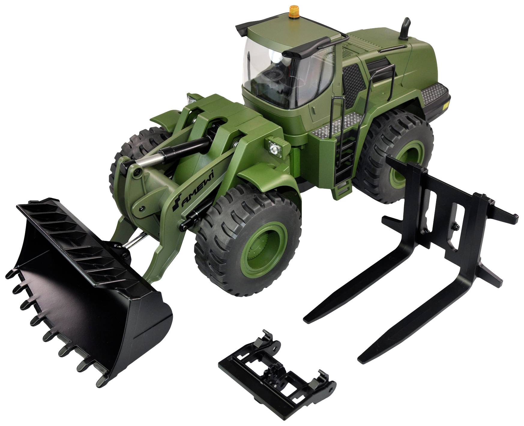 Green toy front-end loader with removable bucket and fork attachments on a white background.