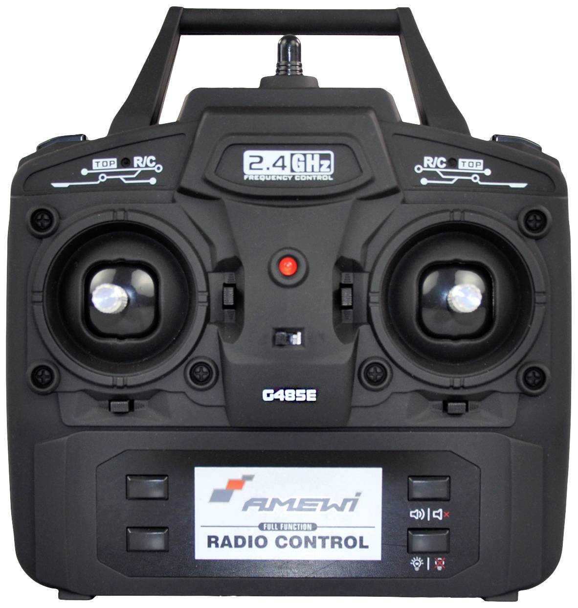 A black 2.4 GHz radio remote control with two control sticks and multiple buttons on the front, brand 'Amewi'.