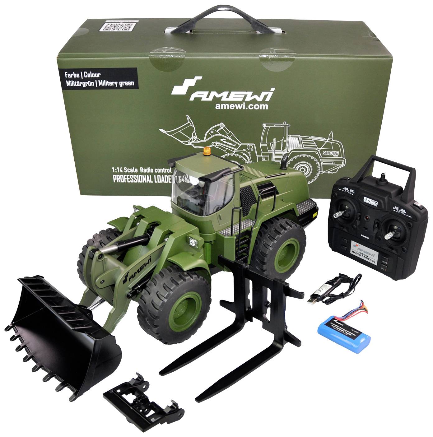 'Military green, remote-controlled excavator at 1:14 scale with remote control, battery and charger, shown beside packaging.'