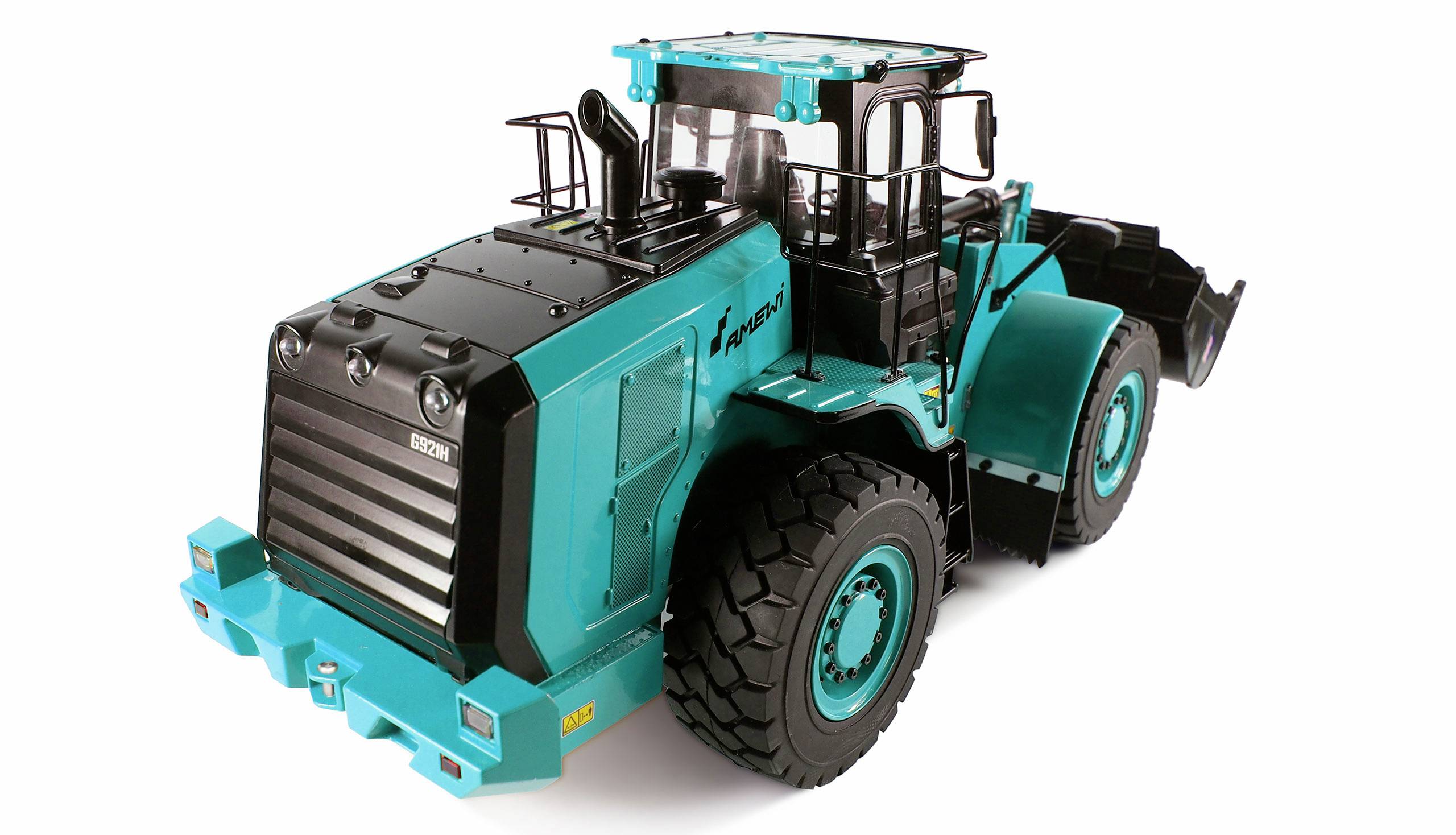 A turquoise wheel loader on a white background, with black tyres and a large front bucket, side view.