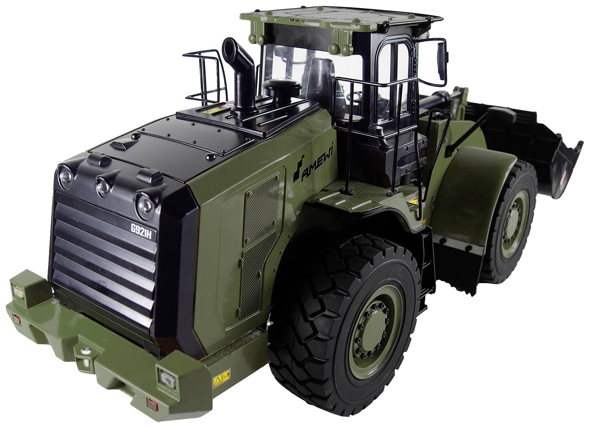 Large green plastic toy construction truck, detailed with black and silver accents, on a white background.