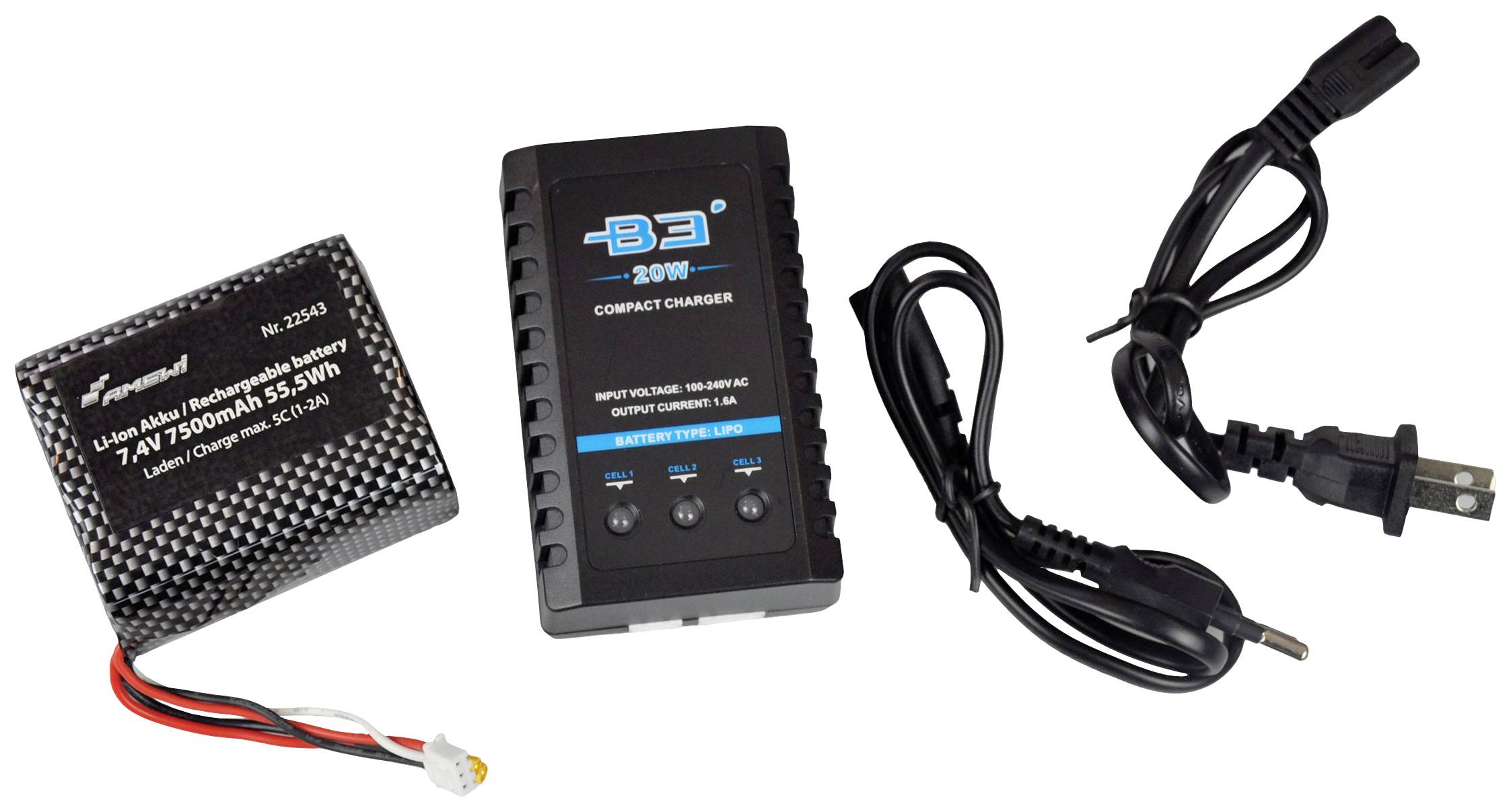 A LiPo battery (11.1V, 1500mAh) next to a compact charger and two cables with different plug types.