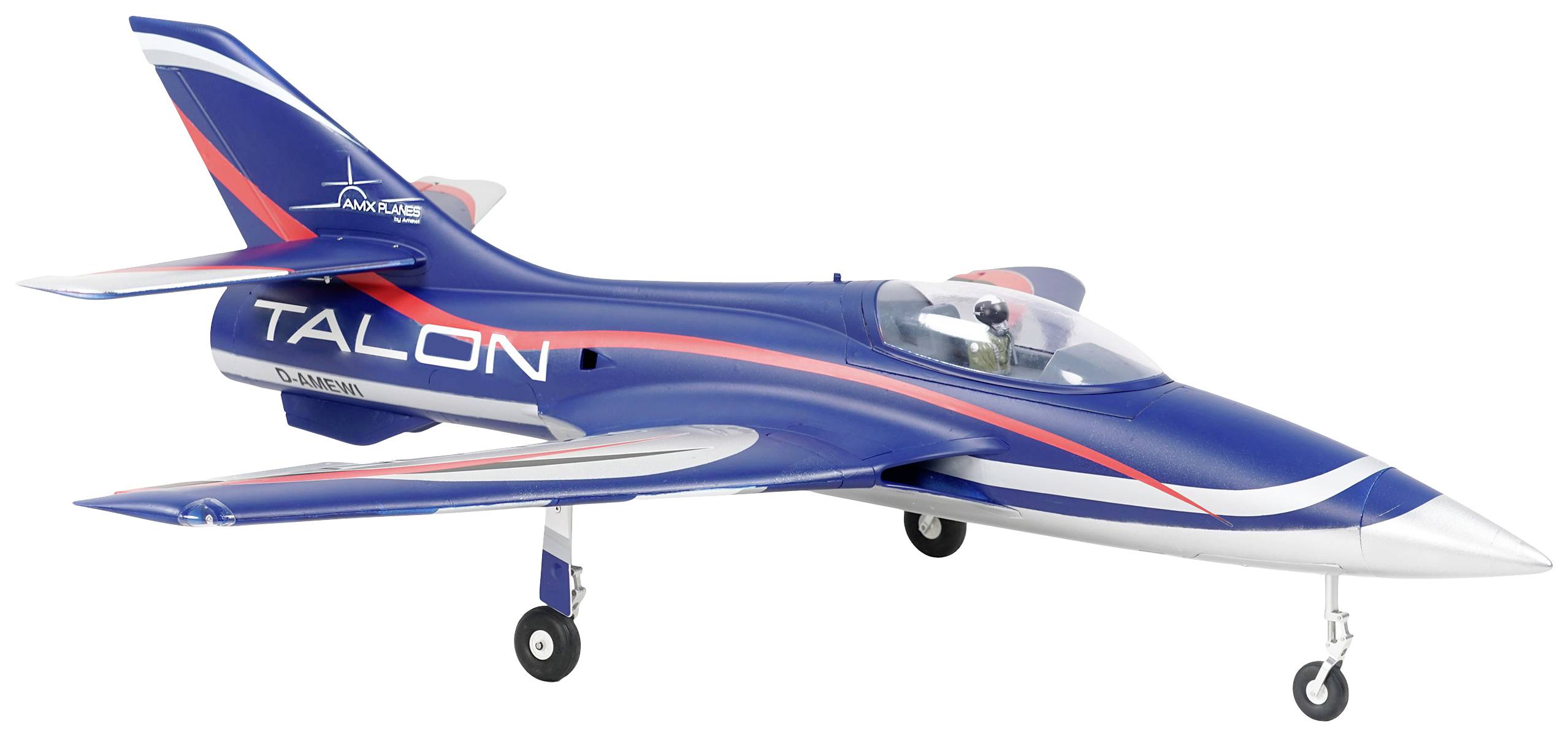 A model aircraft with a blue, red, and white design, labelled 'TALON'. It stands on small wheels and has a cockpit.