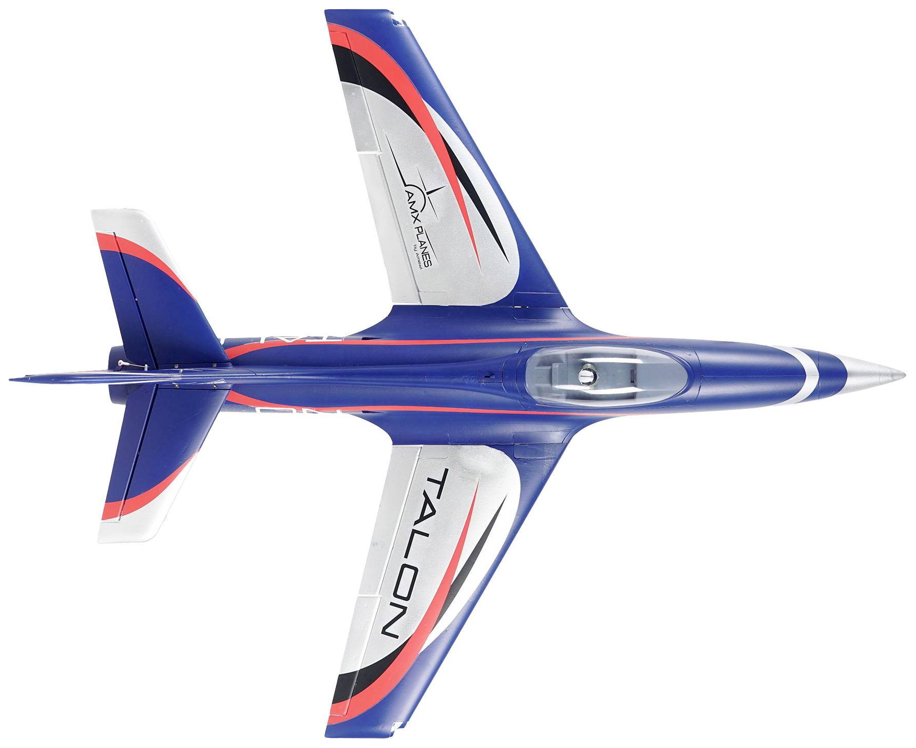 A blue model aeroplane with red and white stripes viewed from above, wings bearing the inscription 'Talon', displaying an aerodynamic design.