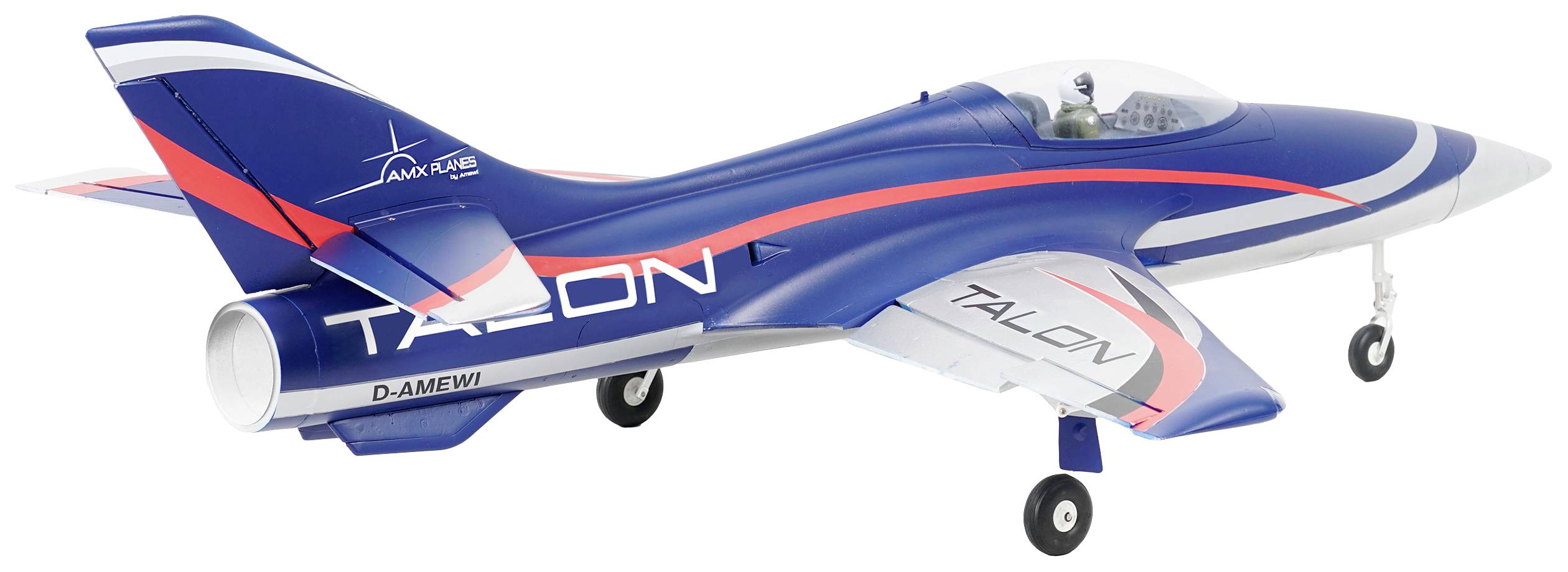 A remote-controlled model aircraft in blue, white and red with the inscription 'Talon'. It is standing on small wheels, ready for take-off.