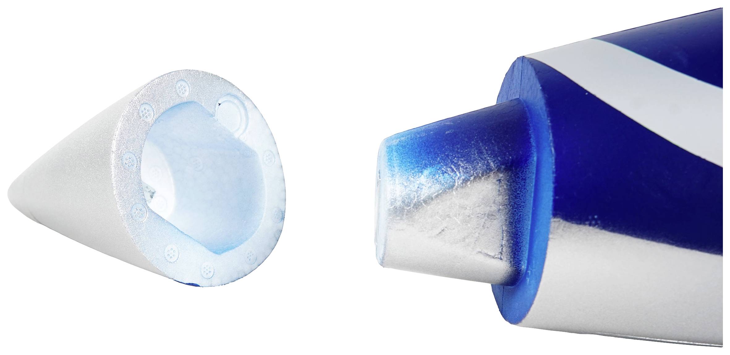 An open pen with a blue tip and removed cap, showing the internal view of the pen system.