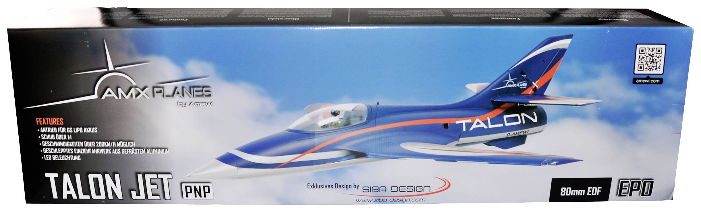 Packaging of an aircraft model with the inscription 'Talon Jet PNP'. The model shows a blue aeroplane. Functions and logo visible.
