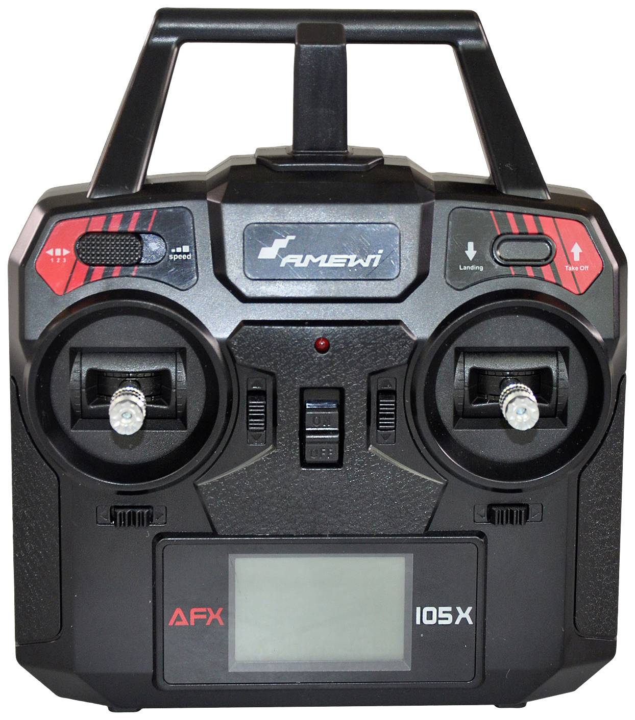 A black AFX 105X remote control with two control sticks, red buttons and a small display at the bottom, marked with 'Amewi'.