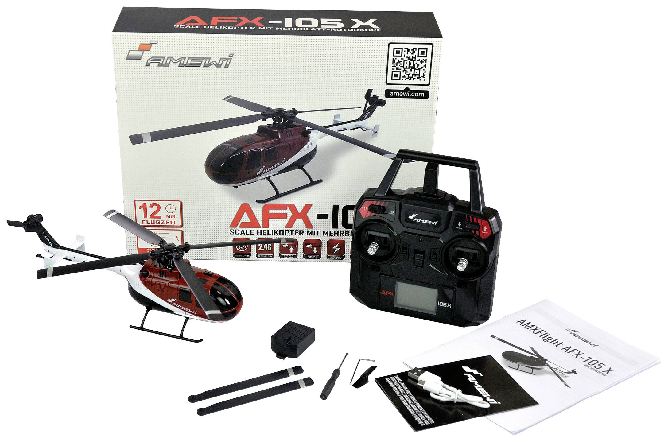 Remote-controlled helicopter AFX-105X with remote control, charger, and instructions in front of the packaging.