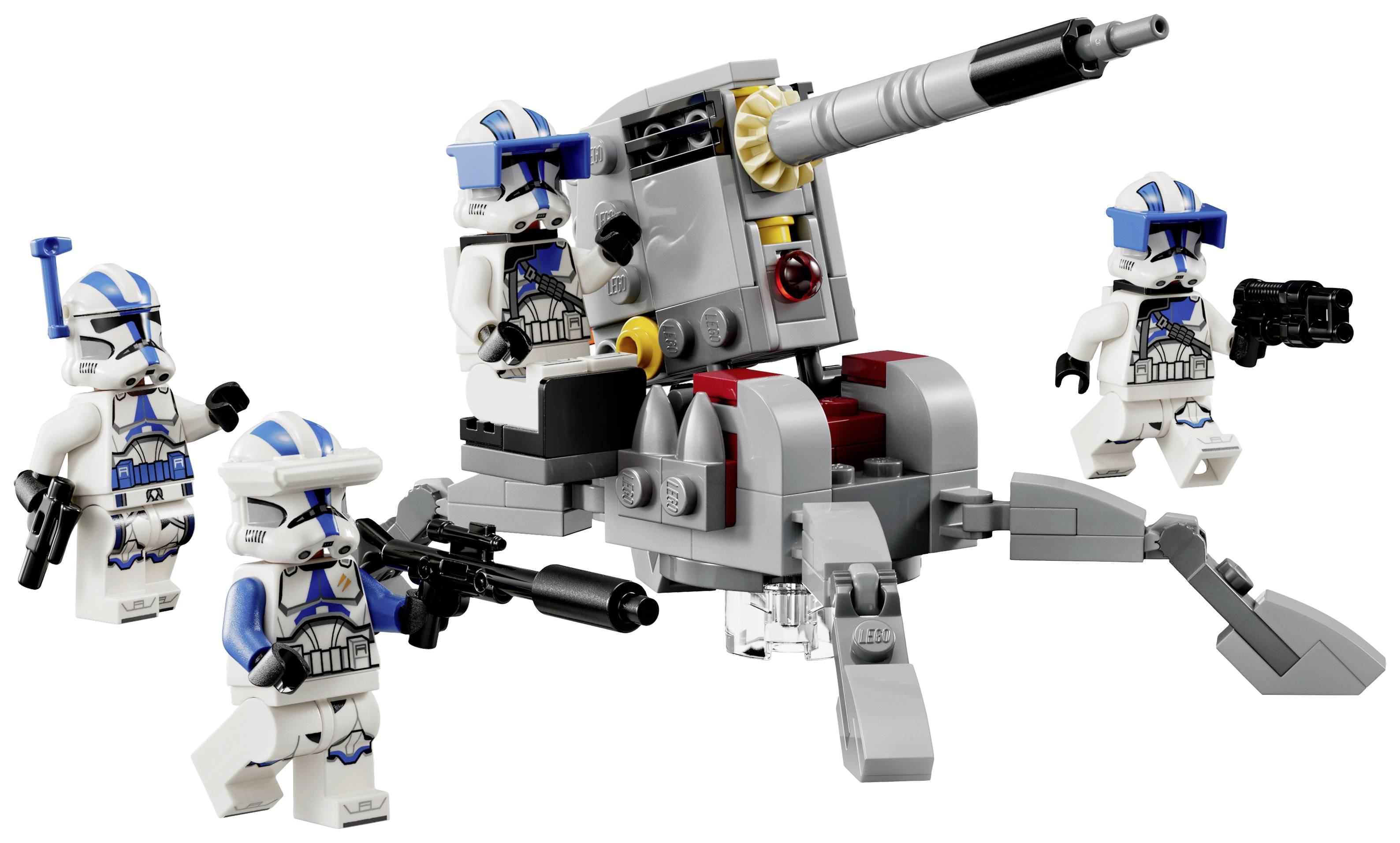 Four figures in white and blue armour with weapons, standing beside a grey four-legged cannon. Science fiction theme.