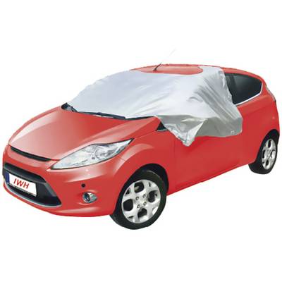 Red car with silver cover over the windscreen and front windows, on a white background.