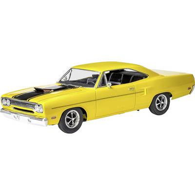 A yellow, classic muscle car with black stripes and chrome wheels stands on a white background.
