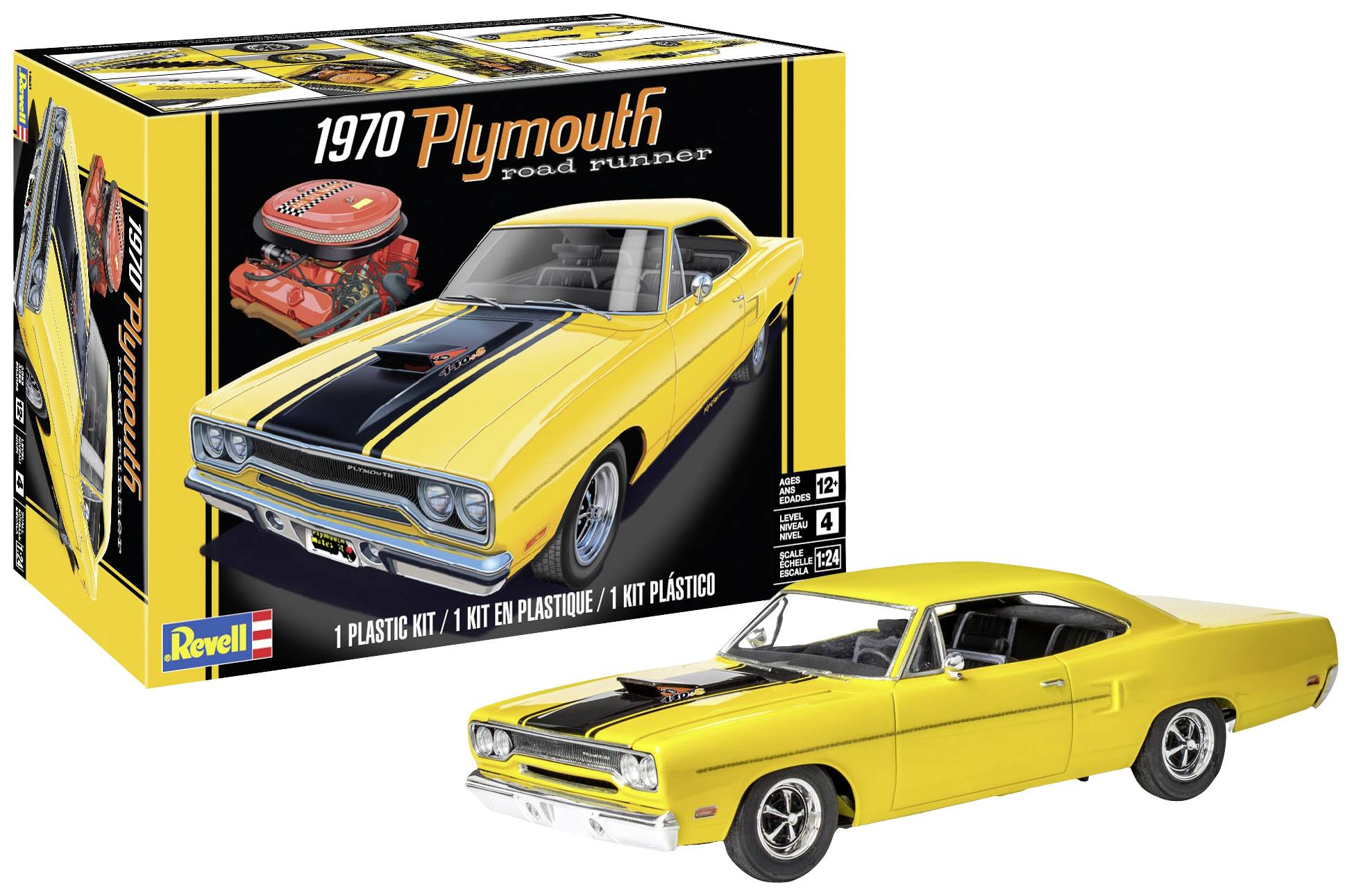 Model car of the 1970 Plymouth Road Runner in yellow with a black bonnet. Packaging shows the same car and an engine.