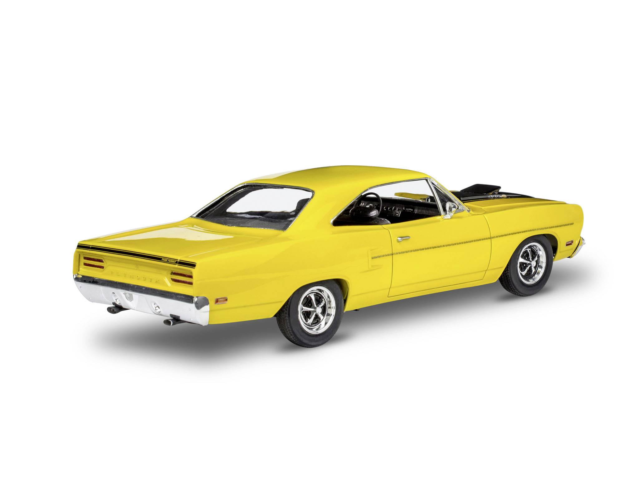 Yellow vintage sports car, side view from the rear. Oval headlights, gleaming alloy wheels, black roof.