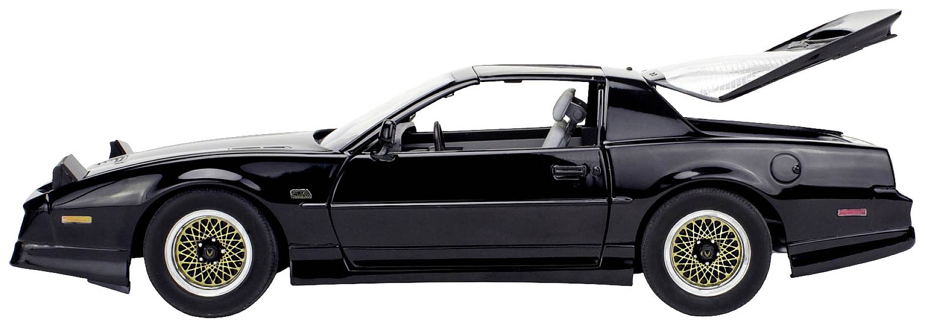 Black sports car with golden alloy wheels, open boot lid, side profile. Elegant design, emphasising speed.