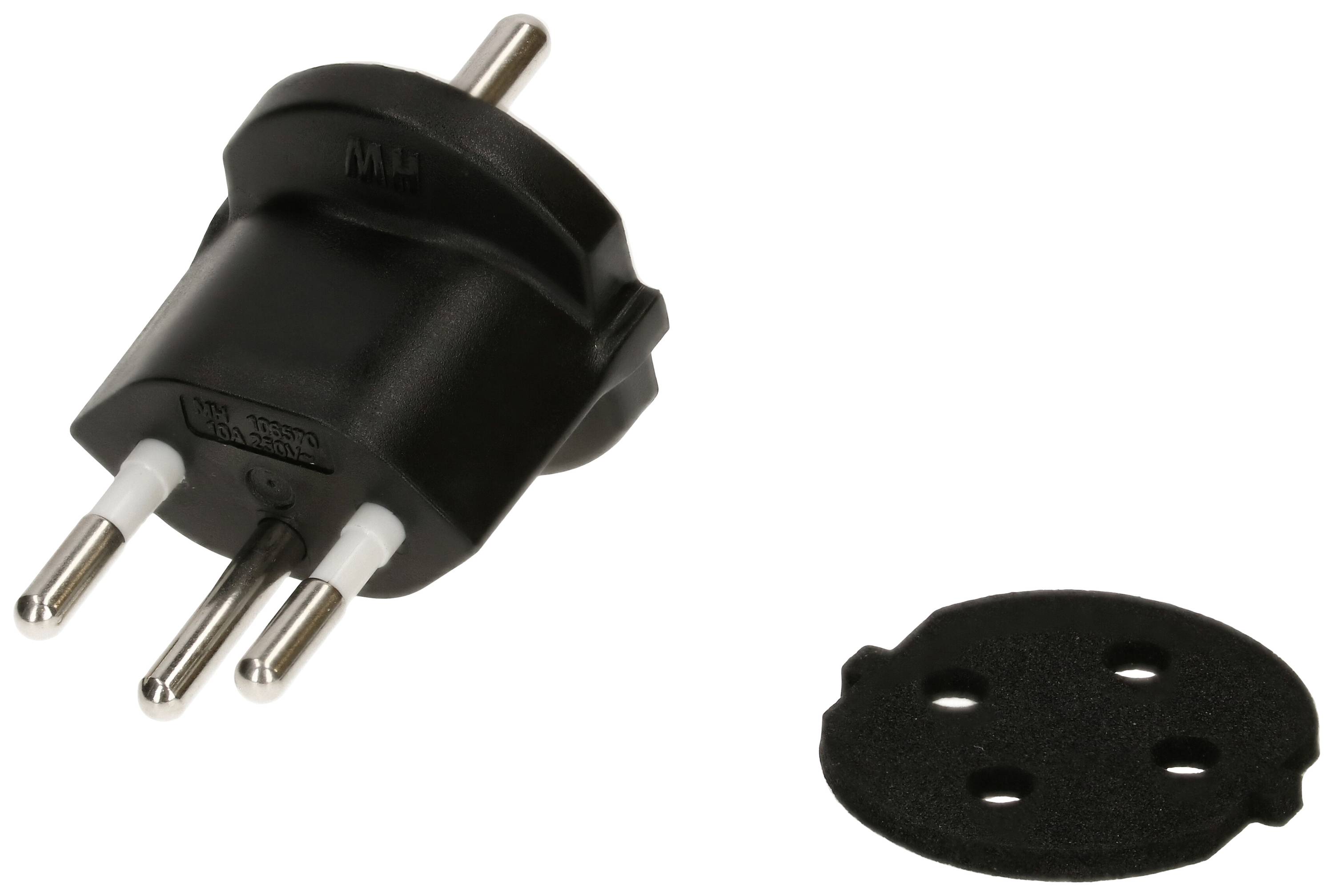 Black-grey Euro plug with earth pin and removable adapter cover. Suitable for European power sockets.