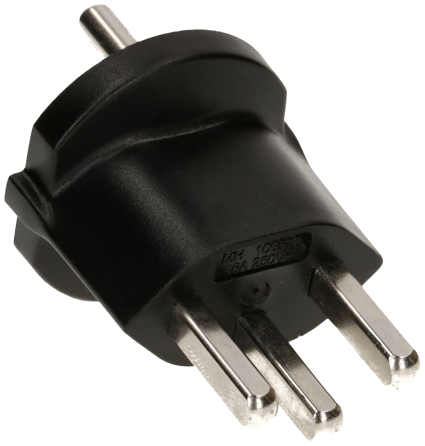 Three-pin adaptor plug, black, suitable for connecting devices to power sockets of different formats.