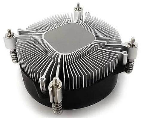 A round heatsink with numerous aluminium fins and four screws. It is used for cooling computer processors.