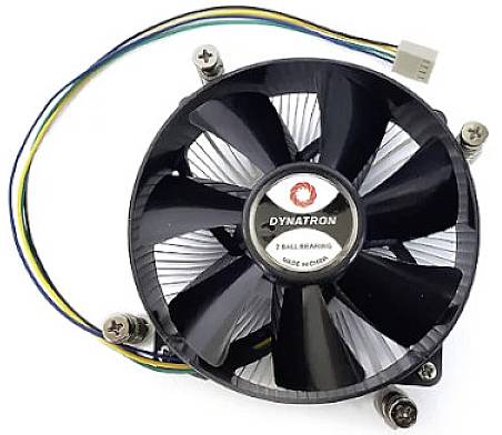 Black computer fan with DYNATRON logo, surrounded by screws. Four cables in yellow, blue, green, and black are connected.
