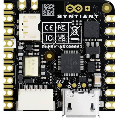 A microcontroller board with a USB-C port, integrated circuit chip, and various electronic components. Manufacturer logos are visible at the top.