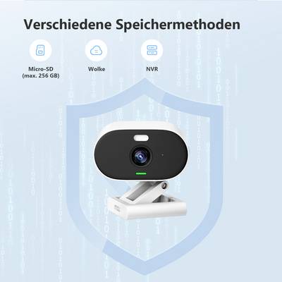A surveillance camera with various storage options: Micro-SD up to 256 GB, Cloud and NVR, against a digital background.