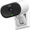 White surveillance camera with a black front, mounted on a bracket. It features a lens and a small green light.
