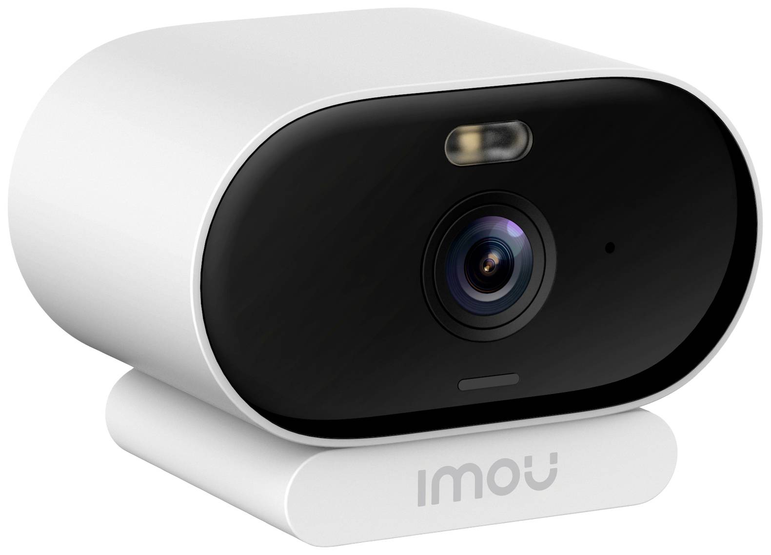 White security camera with a black front and lens, mounted on a base with the inscription 'imou'.
