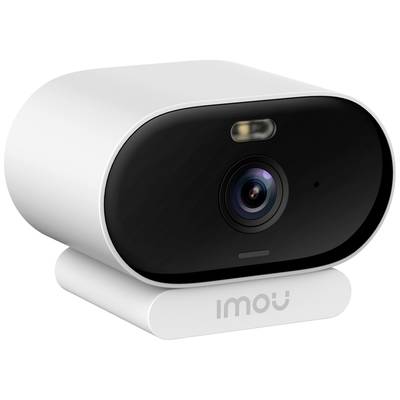 White security camera with a black front and lens, mounted on a base with the inscription 'imou'.