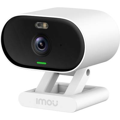 A white security camera with a black front view sits on a stand. It has a lens in the centre and a light beneath it.